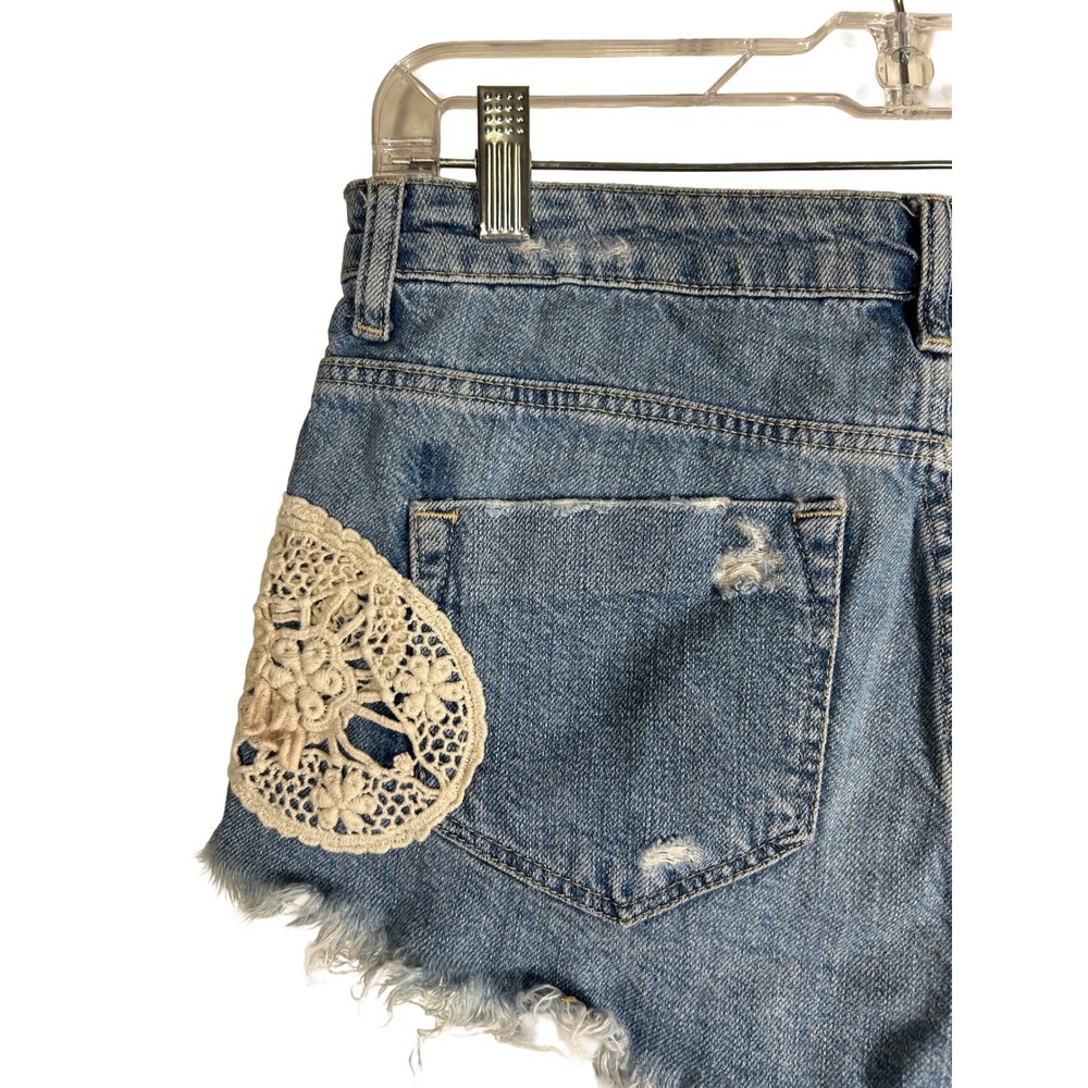 Zara Trafaluc Blue Distressed Crochet Lace Denim Shorts Women 6 High Rise Cutoff - Picture 6 of 9